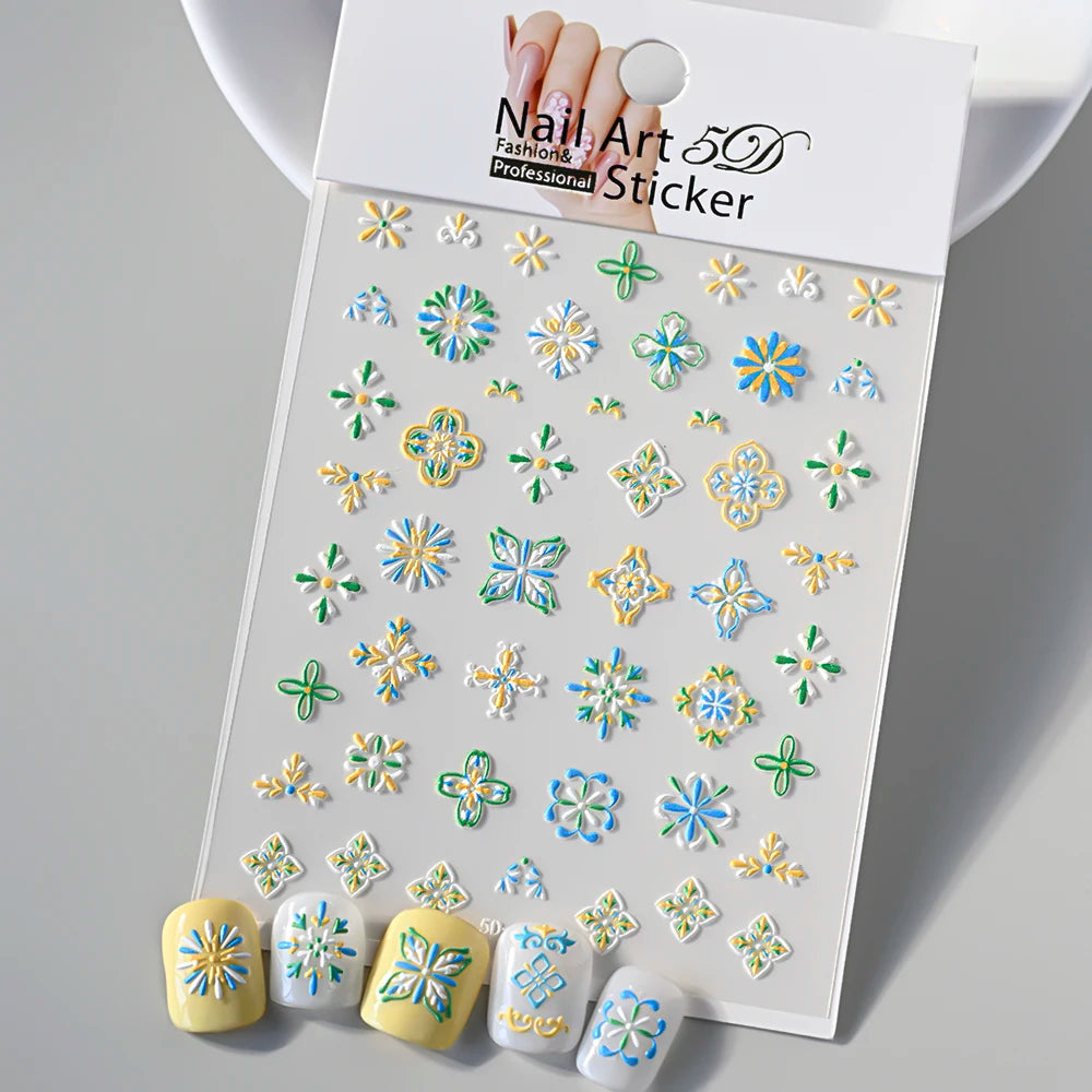 1 Stück 5D Relief Bohemian Nail Art Aufkleber, schicke Blüten elegante Stickerei Totem Boho Design Nagelzubehör Dekoration Zubehör