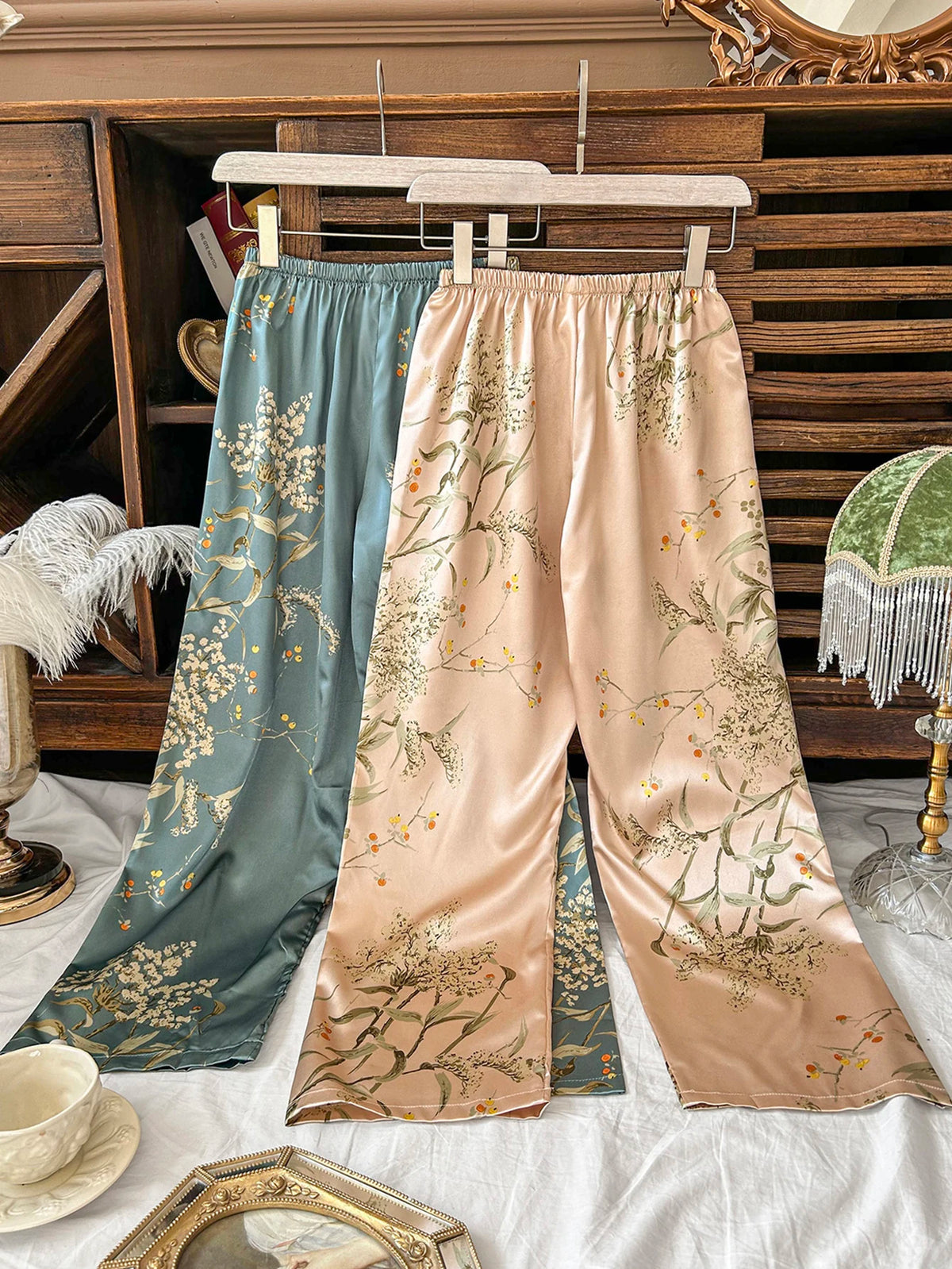 Damenhose, elastische Taille, Vintage-Blumenmuster, Pflanzendruck, elegant, bequem, 2025, Neuankömmling, dünne Hose, stilvoll, entspannend, Zuhause