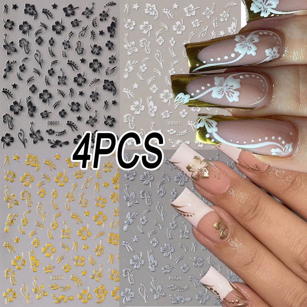 1pc 3D Hibiscus Blumen Nagel Aufkleber Weiß Schwarz Blütenblätter Klebe Abziehbilder Rosa Goldene Blumen Slider Für Nail art Dekoration