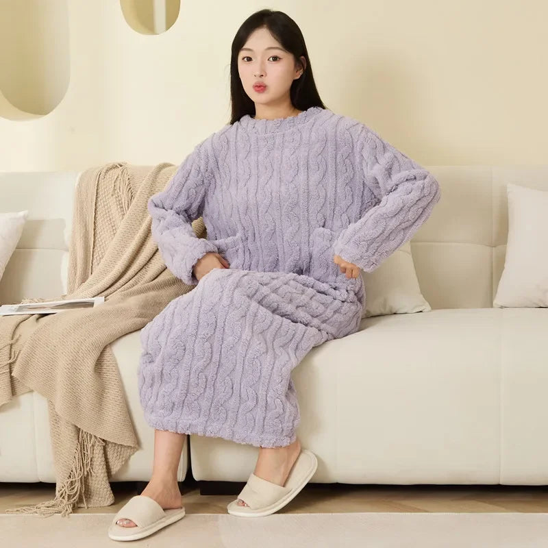 Frauen Korallen Fleece Nachtwäsche Herbst Winter Verdickt Warme Lose Lange Robe Pyjamas Homewear Casual Oberbekleidung Nachthemd