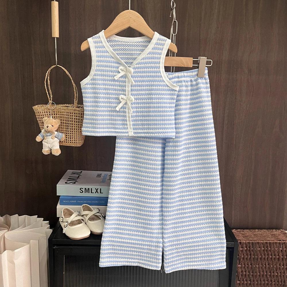 Bear Leader Modische und schlichte, gestreifte, bedruckte Mädchenkleidung im koreanischen Stil, Sommer, neuer Street-Style, ärmelloses Oberteil mit Schleife + Hose