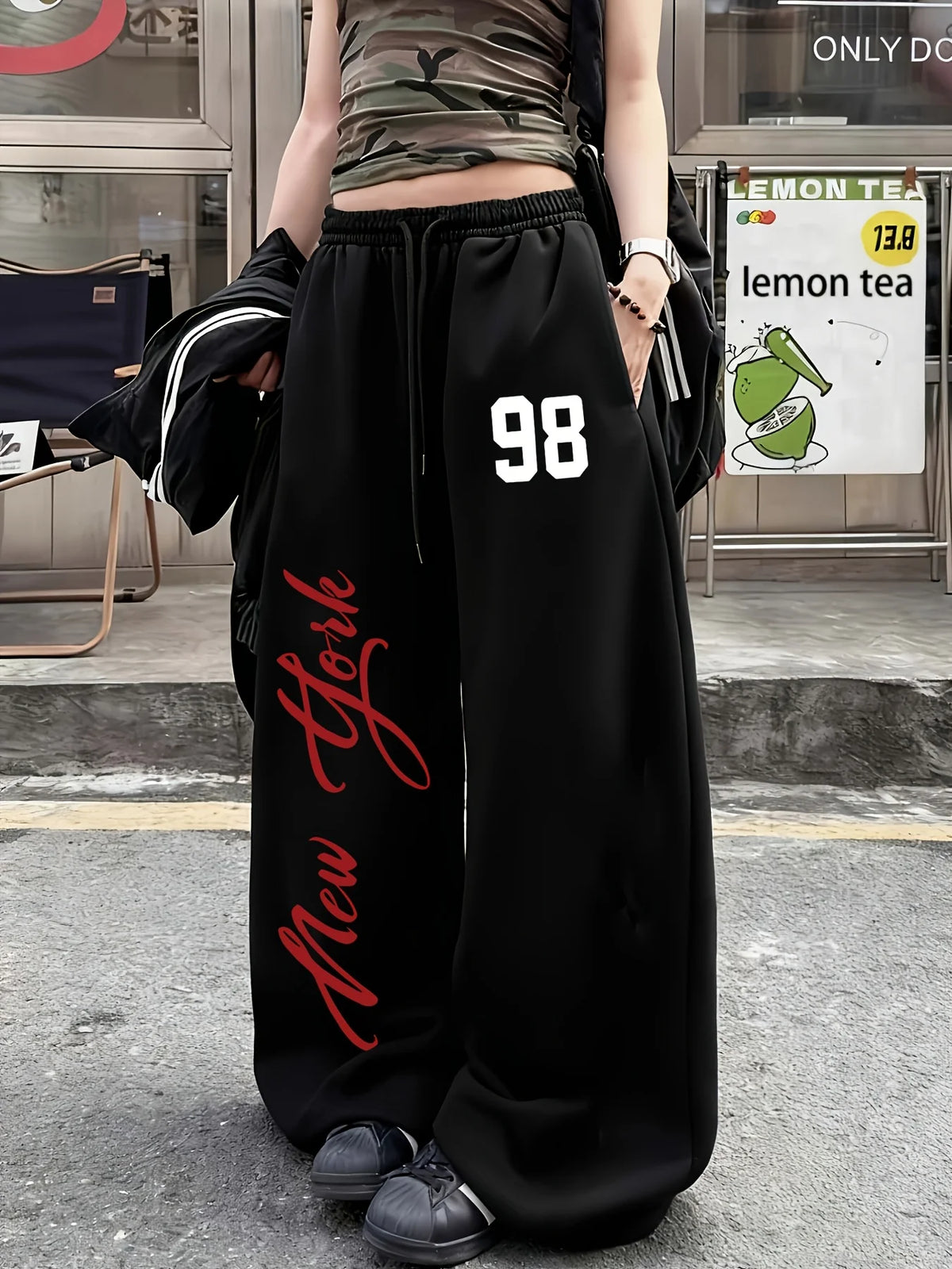 Damen Streetstyle Lässige Jogginghose mit Schriftzug – Neuheiten für den Frühling, Fleece, Lockerer Schnitt, Streetwear, Oversized