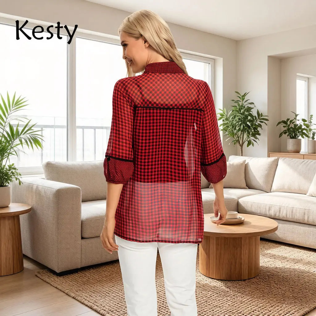 Damen Bluse mit rotem und schwarzem Karomuster, Vichy-Gingham-Mesh-Splicing-Hemd, langärmliges Chiffon-Oberteil mit kontrastierendem Besatz, lockere Passform, lässig, Sommer