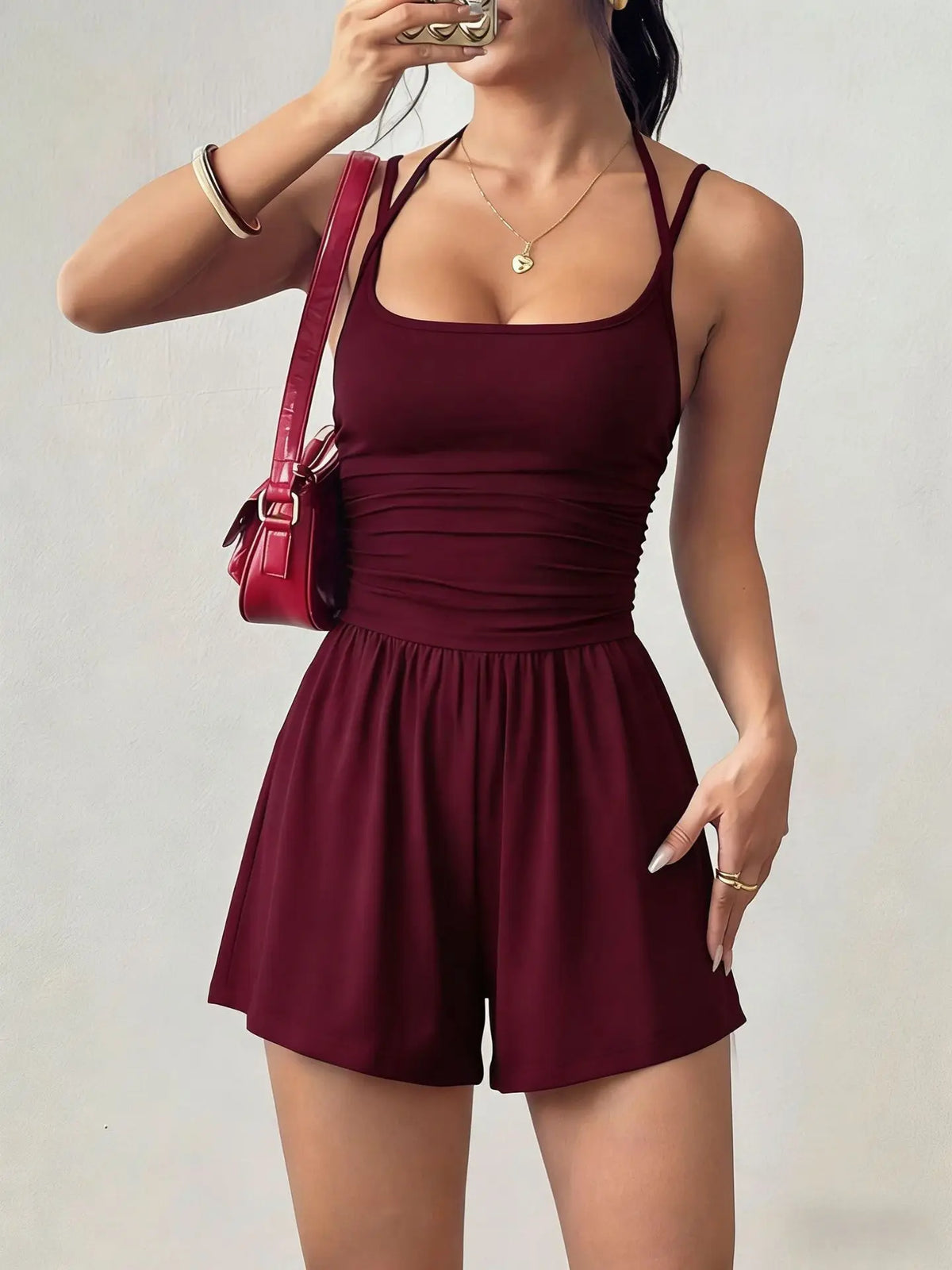 Damen Sommer Schwarz Lässiger Plissierter Lockerer Gerader Jumpsuit Ärmellos Hohe Taille Rückenfreier Overall Einfacher Trägeroverall