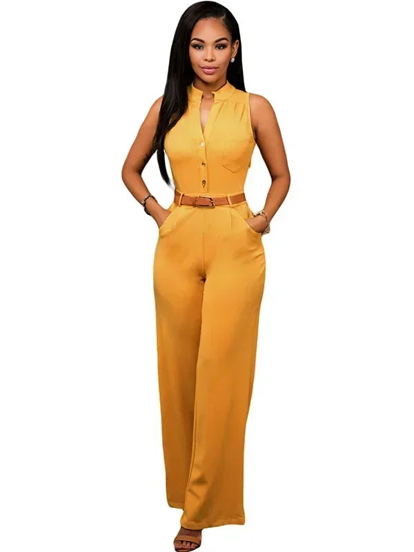Damen Jumpsuit Sexy Ärmellos Tiefer V-Ausschnitt Weites Bein Jumpsuit Romper Mit Gürtel