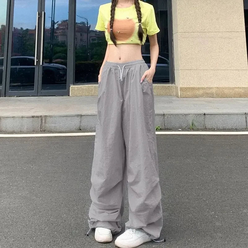 Leichte Dünne Fallschirm Hosen Frauen Kordelzug Hohe Taille Cargo Hosen Frau Harajuku Streetwear Breite Bein Baggy Jogginghose