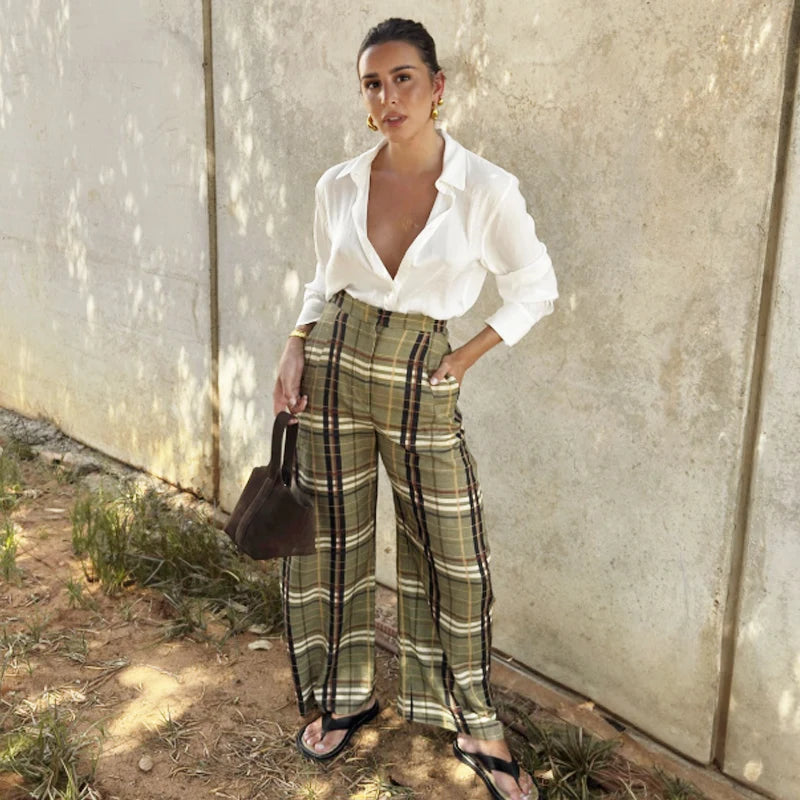 HXAO Karierte Baggy-Hose für Damen, Herbst 2022, Damenmode, Übergröße, hohe Taille, elegante Hose mit weitem Bein, Streetwear-Hose
