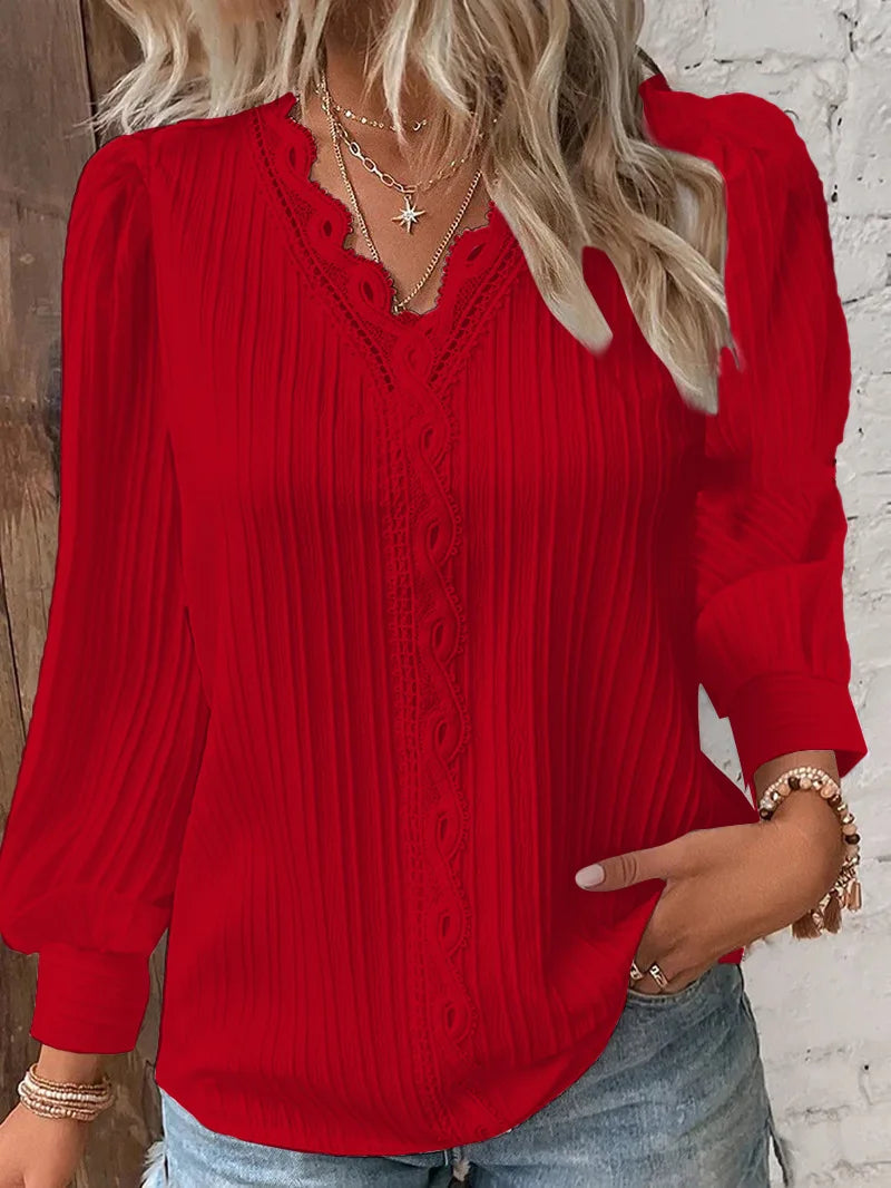 Weiße Damenblusen, Spitzennähte, V-Ausschnitt, schlichtes Chiffon-Hemd, Herbst-Langarm-Pullover, lockeres Oberteil, elegante Straßenbluse für Damen