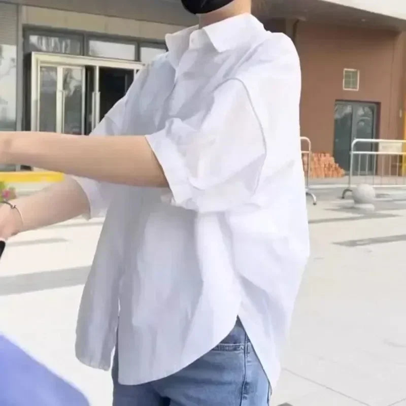 Baumwolle Mid-hülse Dünne Frau Bluse Shir, Sommer Neue Lose Mode Unregelmäßige Hemd Casual Urlaub Top Koreanische frauen Kleidung