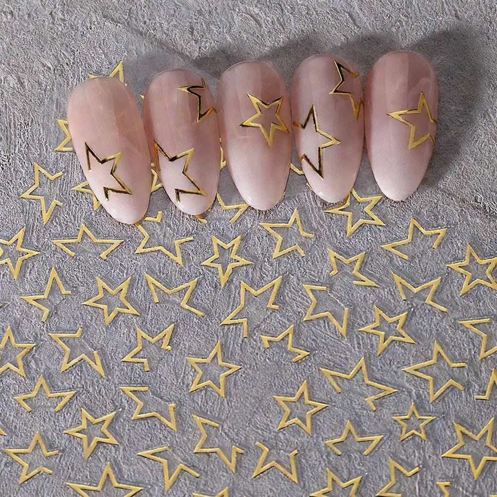 1 Blatt Goldene Hohlstern-Nagelkunst-Aufkleber Glänzende Bronzefarbene Gold-Silber-Linien Große Stern-Nagelaufkleber Y2K-Stil Maniküre Slider Wraps