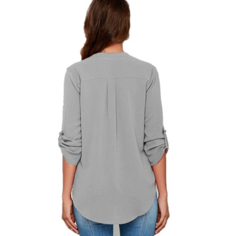 Damen Tops Blusen Langarm V-Ausschnitt Chiffon Bluse Büroarbeit Hemd