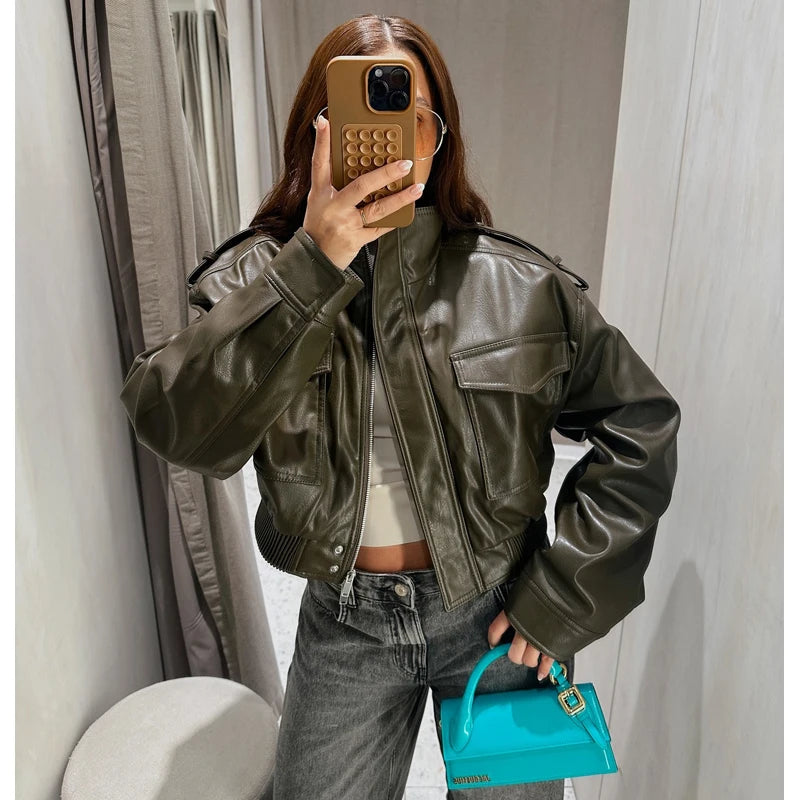 MUJER Kurze Jacke aus Kunstleder für Damen, Bomberjacke für die Halbsaison für Damen, langärmelig, Damenmäntel, Manteljacke mit Reißverschluss, Damen