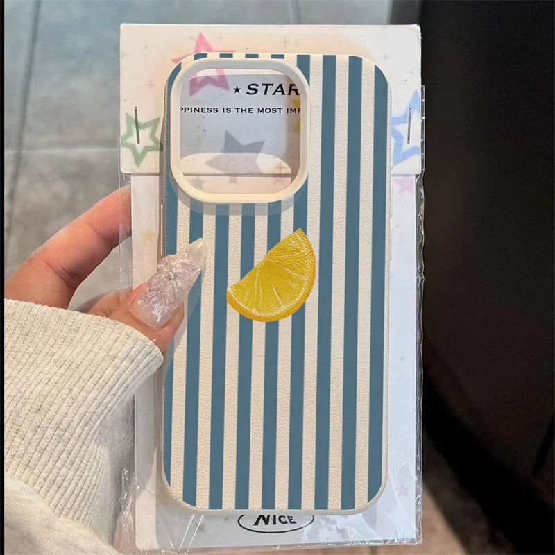 Für iPhone 17 16 15 14 13 12 11 Pro Max Hülle Blau gestreift Zitronenfrisches Muster Cover für iPhone XS X XR 16 Plus 16e Soft Funda