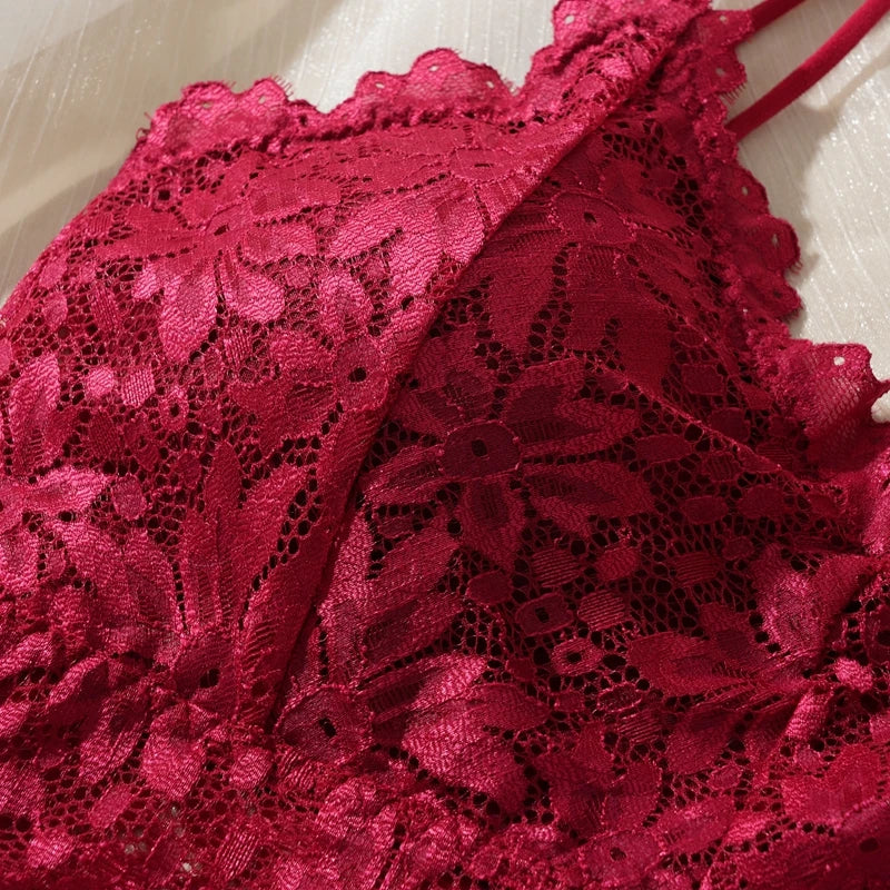 Damen Sexy Spitzen-BH-Set Einfarbiges Set Schöner Rückenausschnitt Ohne Stahlring Unterwäsche Mit Spitzenblumen Atmungsaktive Slips