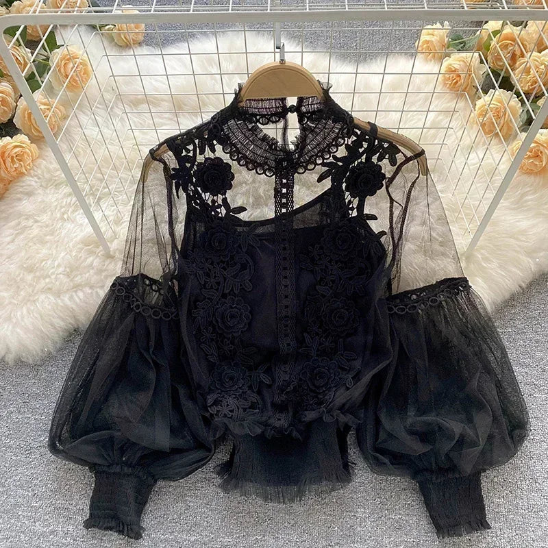 Spitze Puff Langarm Bluse Vintage-Mode Blusen Elegante Femme Blusas Koreanische Frau Tops Frauen Shirts Kleidung Dropshipping