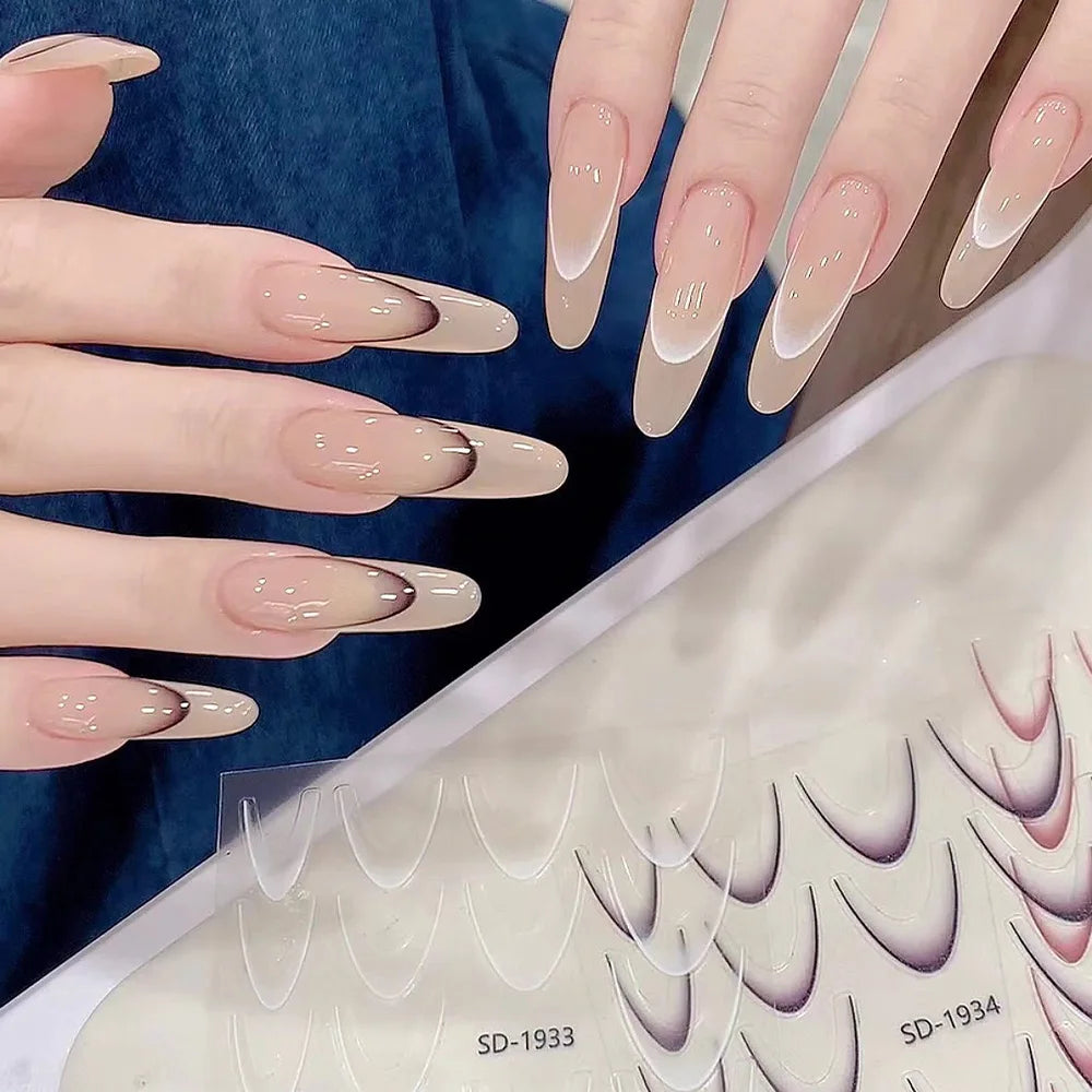 2 stücke Schwarz Weiß Französisch Gradienten Linie Nagel Aufkleber Koreanische Streifen Linien Biegung Klebstoff Nail art Aufkleber Slider DIY Maniküre Guide #