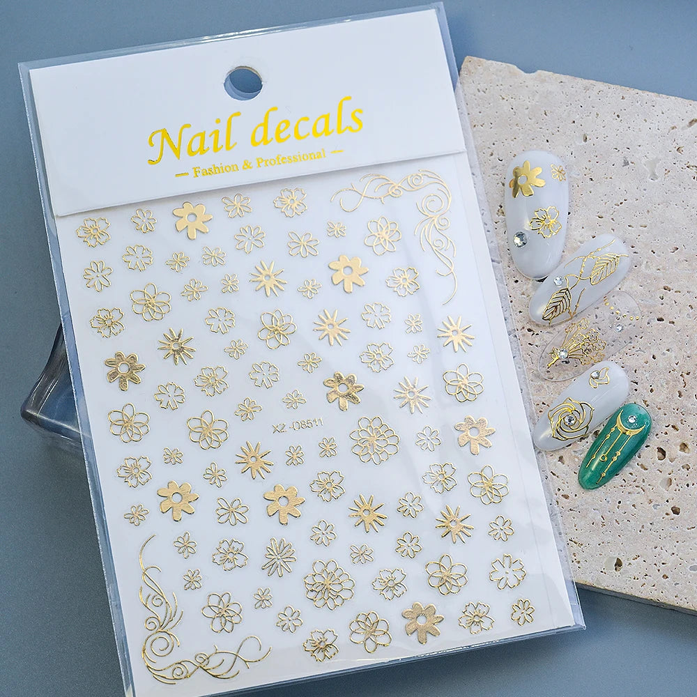 1 Blatt 3D Blattgold Blume Nail Art Aufkleber Blumenstrauß Blütenblatt Retro Nagelaufkleber Selbstklebende Blüte Charmante Maniküre Schieber