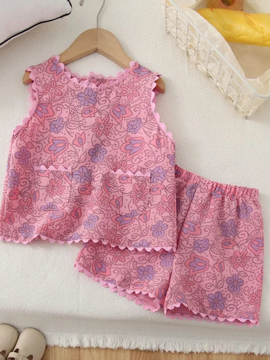 Sommer-Mädchenanzüge, modische Weste mit Blumen- und Polka-Dot-Print und Tasche + Shorts, 2-teiliges Set, niedliche Kinderkleidungssets