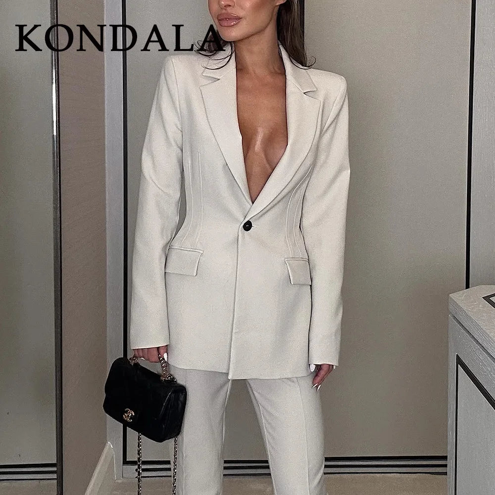 KONDALA 2026 Frühling Sommer Elegante Büro-Damenanzüge Modische Schlanke Einknopf-Schulterblazer Schicke Reißverschluss-Schlaghosen