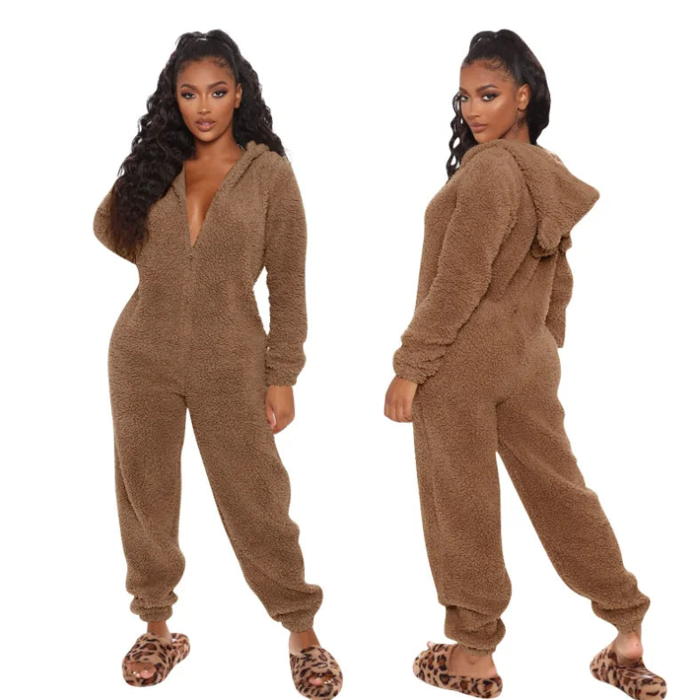 Einteiliger Overall mit Kapuze in Übergröße für Damen, eleganter Overall, volle Länge, verdickt, Herbst, Winter, neu, 2025