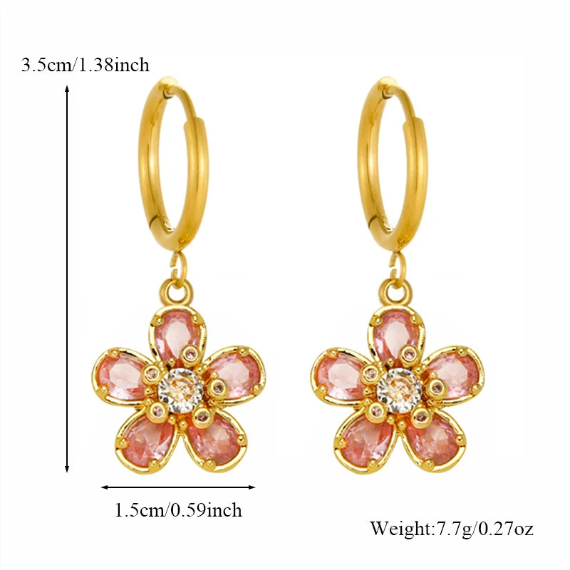 EILIECK Trendige Damen-Ohrringe mit Blumenmuster und rosa Zirkonia, Edelstahl, wasserabweisend, für den Alltag, Schmuck, Geschenk für Damen