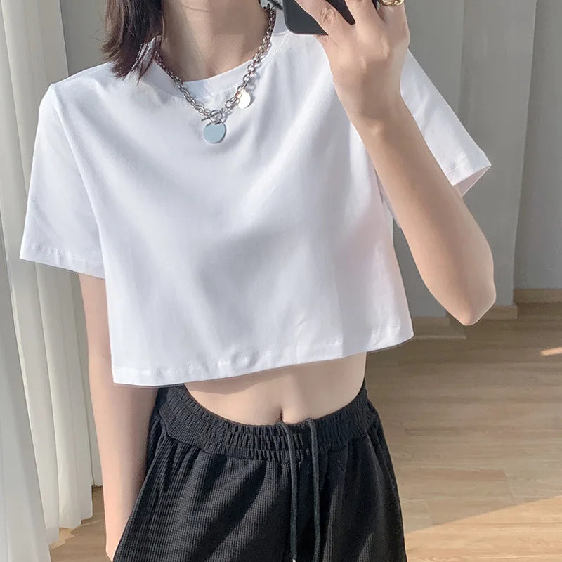 Sommer Mode frauen Kleidung Top Y2K lose Kurzarm T-shirt Sexy Einfarbig Straße Frauen Crop Top