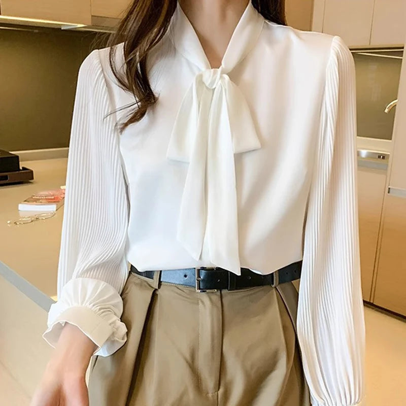 Neue Plissee Ärmel Chiffon Bluse Frauen Frühling Sommer Chic Design Bowknot Spitze-Up Langarm-shirt Einfache Professionelle Kleidung