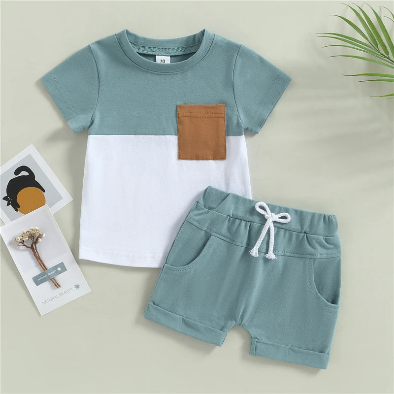 Kleinkind Kleinkind Baby Jungen Sommer Kleidung Sets Kurzarm Kontrast Farbe Tops + Einfarbig Kordelzug Shorts 2 stücke Outfit