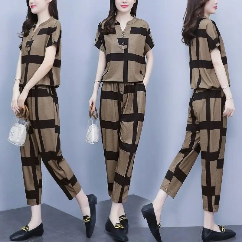 Frauen Casual Anzug 2025, Frühling Sommer Neue Mode Lose Koreanische Plus Größe Kleidung Kurzarm Tops Harun Hosen 2 Zwei Stück Set