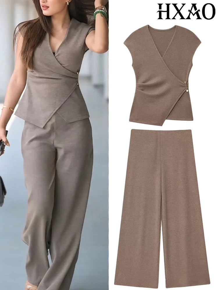 HXAO Hosen-Sets, Damen-Anzug, Falten, Oberteil, Sporthose, Trainingsanzug, Sommer, zweiteiliges Set, Sportbekleidung, elegant, lässig, weiblich, 2-teiliges Set