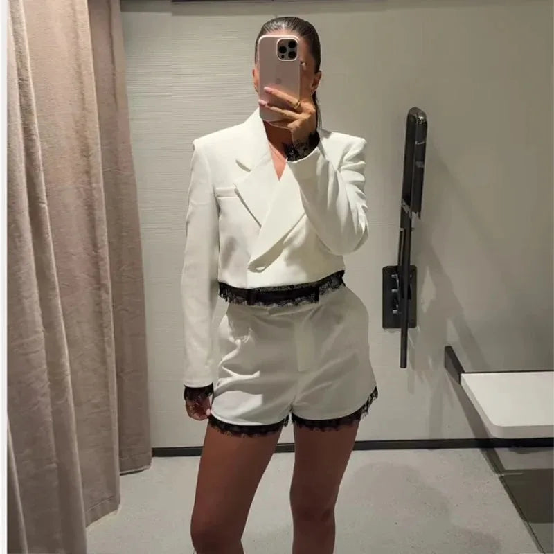 zoci Kurze Spitzenblazer für Damen, Anzug, Sommer-Blazer-Set, 2-teilig, Damen-Schulterpolster, Damen-Schneiderblazer, Bermuda-Shorts