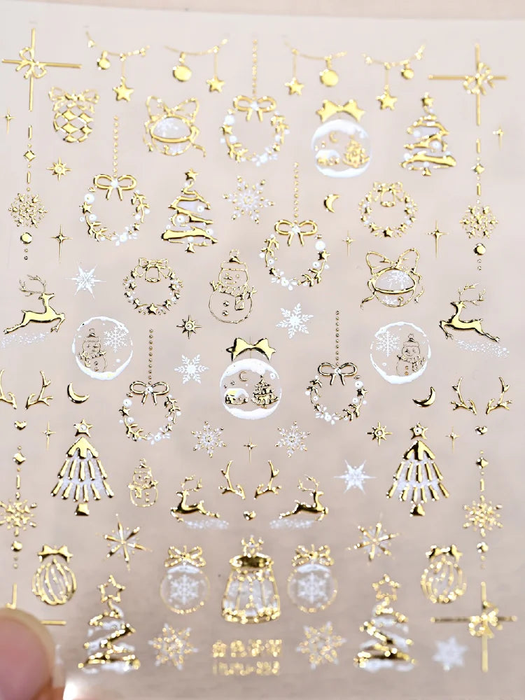 5D Goldprägung Schleife Ball Hirsch Weihnachten Nagelaufkleber Glänzender Kranz Weihnachtsbaum Kristall Nagelaufkleber Winter Nageldekoration