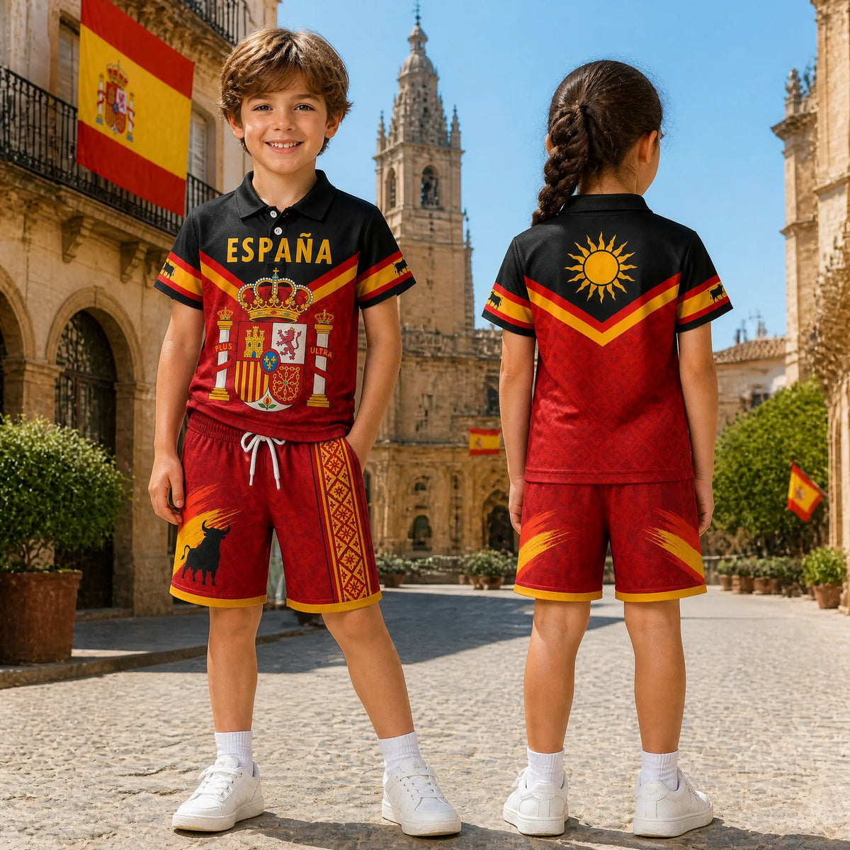 Kinder Spanien Polo-Shirt und Shorts Set für Jungen und Mädchen, Passendes Sommer-Outfit in Rot-Schwarz mit Wappen und Stier-Grafik, Lässiges Reise- und Urlaubsoutfit