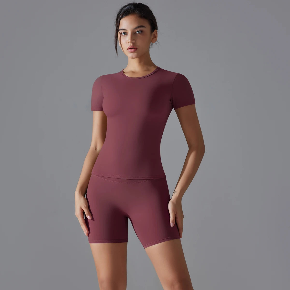 Yoga-Set für Damen, Sport-Kurzarmshirt mit hochtaillierten Leggings, Lauf- und Jogging-Trainingskleidung, Sport-Fitness-Gym-Sets
