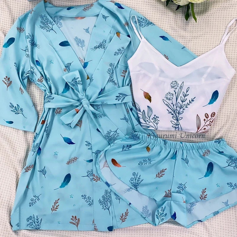 Lavendel Print Damen Sommer sexy Pyjama hose Set 3 Stück Satin mit Seide Nachtwäsche Robe Mode und bequeme Nachtwäsche