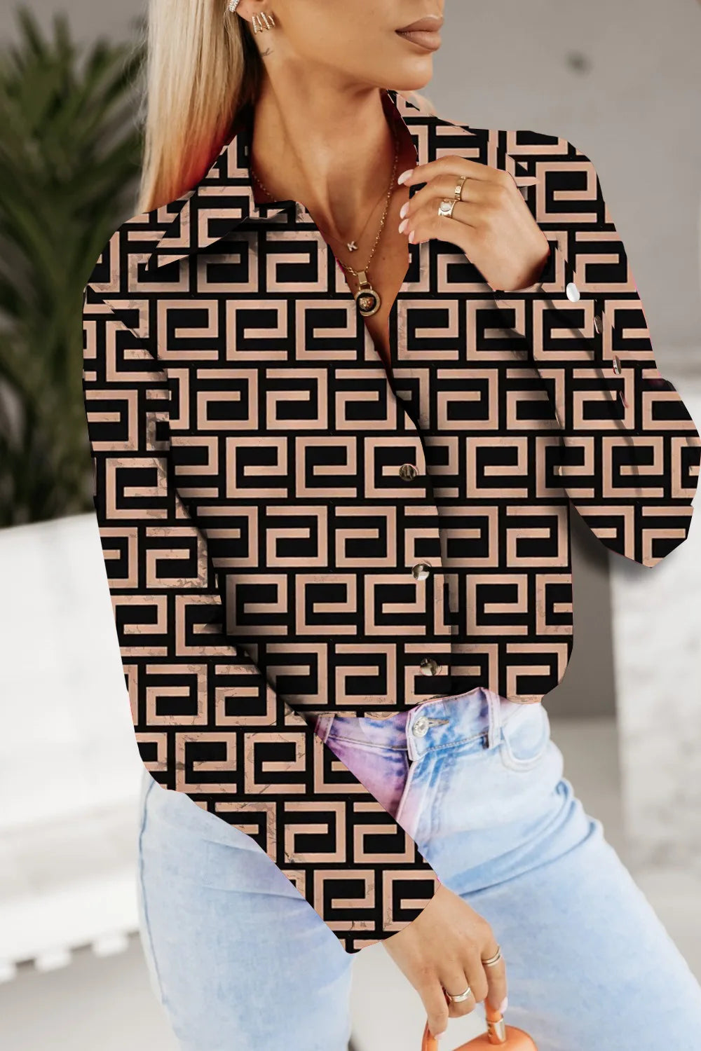 Damen Retro-Bluse mit geometrischem Print, langen Ärmeln, Reverskragen und Knopfleiste – Schickes, lässiges, locker sitzendes Oberteil für Frühling/Sommer