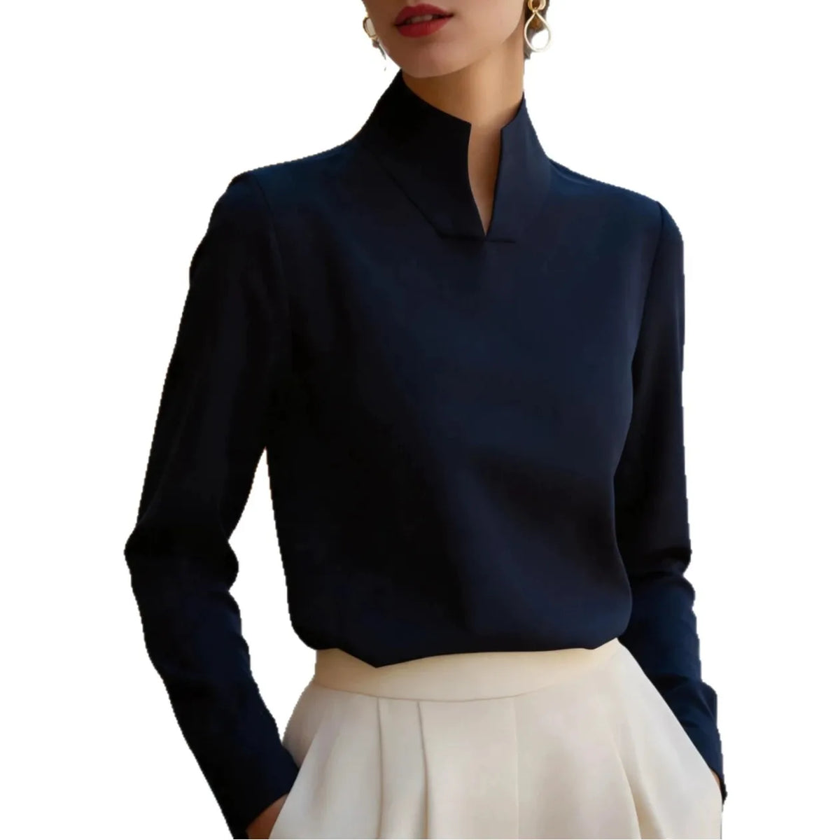 Bluse mit geteiltem Stehkragen, langen Ärmeln und Satin-Optik, minimalistisch, elegant, für Büro und Pendler, locker geschnitten, formelles Damenhemd