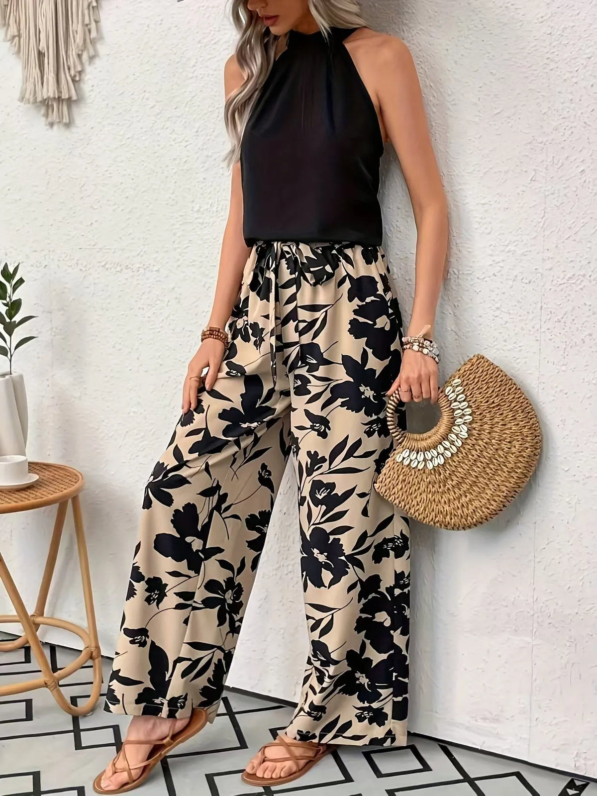 Damen-Hose mit großem Blumenmuster, weitem Bein, elastischem Kordelzug, hoher Taille, lockerer Passform, in voller Länge, lässige Sommer-Strand-Palazzo-Hose