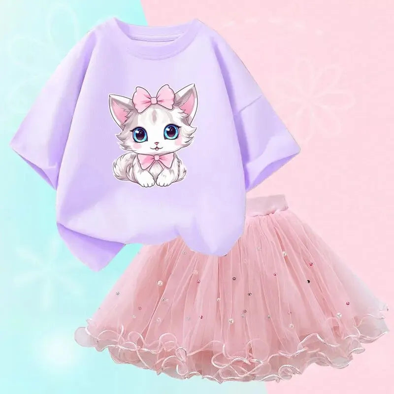 Nette Sommer Mädchen Outfits Cartoon Katze T-shirt und Tutu Rock 2 teil/satz Mädchen Prinzessin Kleidung Anzug Kinder Geburtstag Kleidung