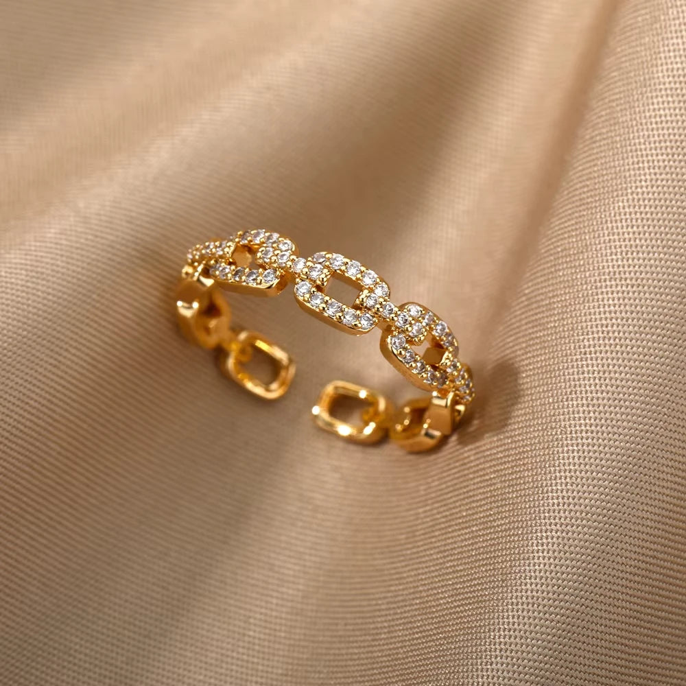 Luxus Zirkon Twist Kette Offene Ringe Für Frauen Edelstahl Gold Farbe Geometrische Ring Vintage Ästhetischen Schmuck Geschenk femme