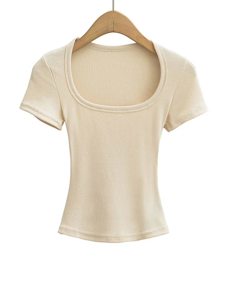 Damen Square Collar Slim Fit Crop Top High Stretch Kurzarm Pullover Sexy Sommerbluse T-Shirt Bottoming