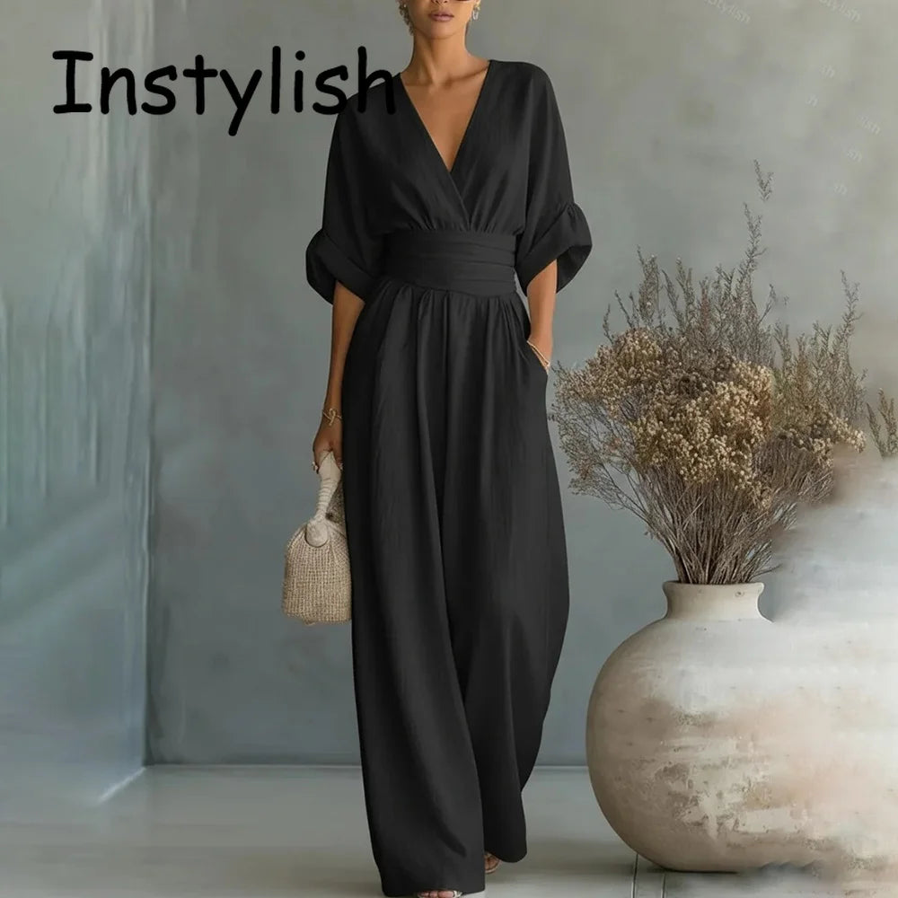 Elegante Damen-Jumpsuits mit hoher Taille, Sommer-Kurzarm-Overalls mit weitem Bein, lässige V-Ausschnitt-Jumpsuits in Unifarben, lockere Streetwear