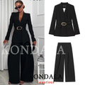 KONDALA Vintage Büro-Damenanzug Schwarz Einfarbig V-Ausschnitt Gürtel Taschen Blazer Lose Reißverschluss-Hose Mode 2026 Lässige Damen-Sets