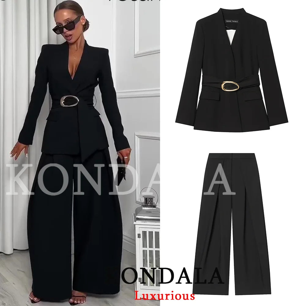 KONDALA Vintage Büro-Damenanzug Schwarz Einfarbig V-Ausschnitt Gürtel Taschen Blazer Lose Reißverschluss-Hose Mode 2026 Lässige Damen-Sets