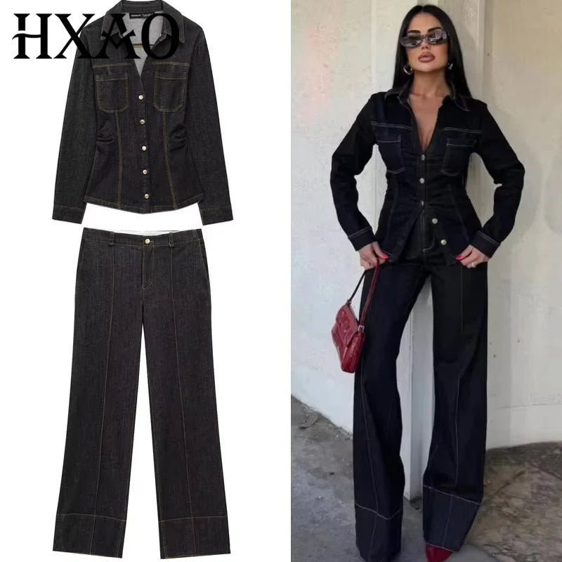 HXAO Schwarze Denim-Hosen-Sets für Damen, zweiteiliges Set, schmales Langarm-Shirt, 2-teiliges Set, Damen-Outfit, ausgestelltes Hosen-Set mit hoher Taille