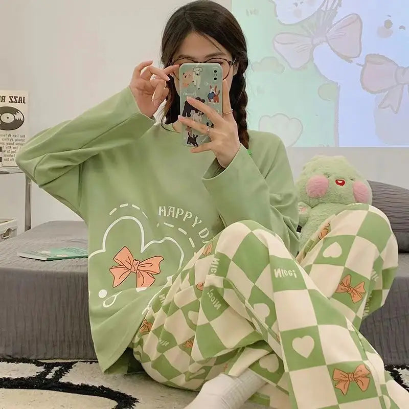 Damen-Pyjama im neuen Frühlings- und Herbststil, künstlerischer Langarm-Pullover in Übergröße, Cartoon-, Herbst- und Winter-dünne Homewear