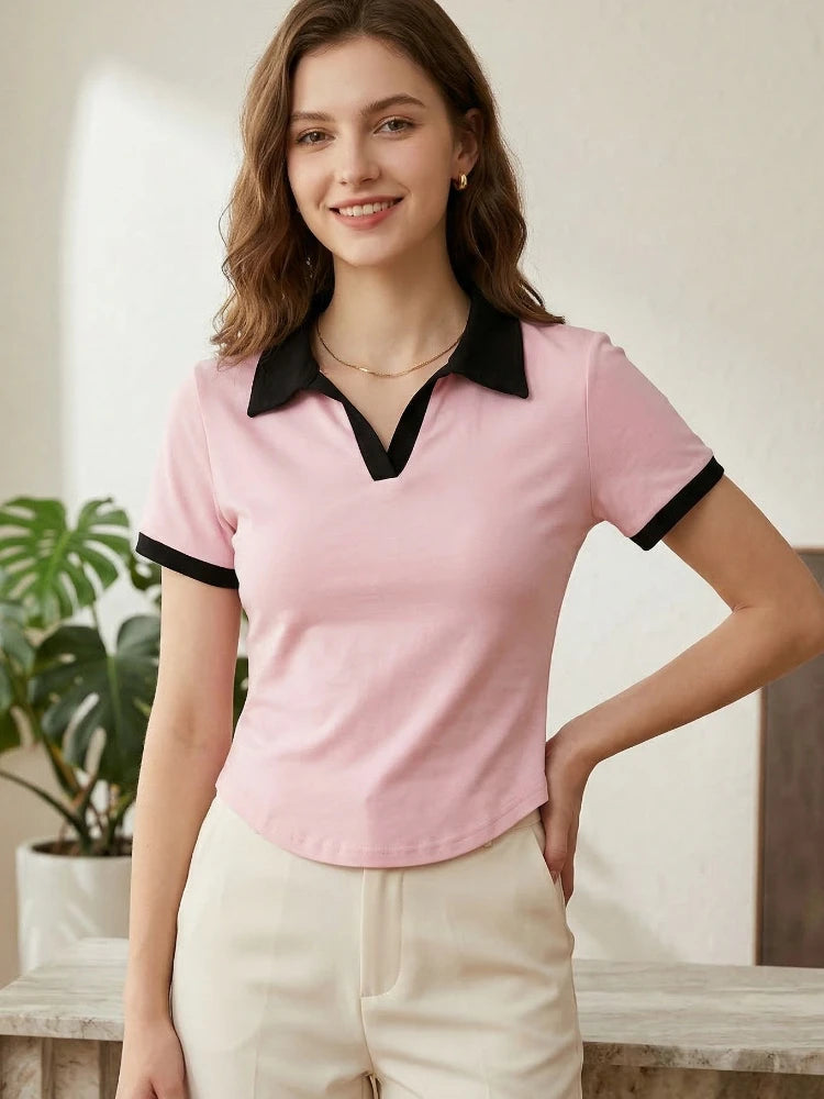 2026 Frühling Sommer Sexy Crop Tops Damen Farbblock V-Ausschnitt Kurzarm Poloshirt Schick Slim Fit Vielseitiges T-Shirt