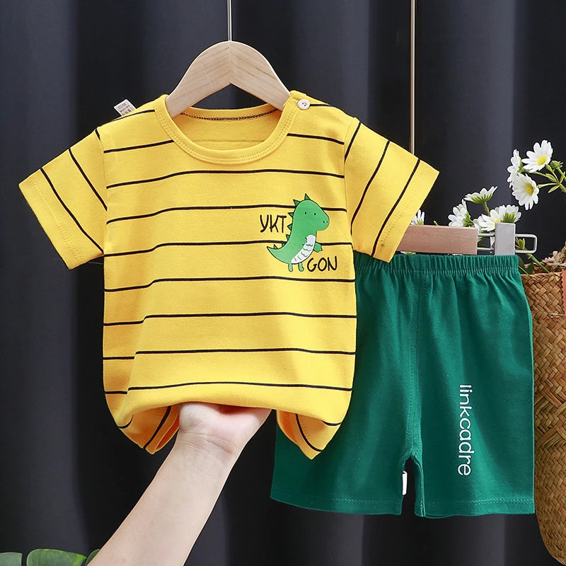 Sommer-Baumwollkleidungsset für Kleinkinder, Cartoon-Dinosaurier-Aufdruck, gestreiftes T-Shirt + Shorts, 2-teilig, Freizeitoutfits für Jungen und Mädchen im Alter von 0 bis 5 Jahren
