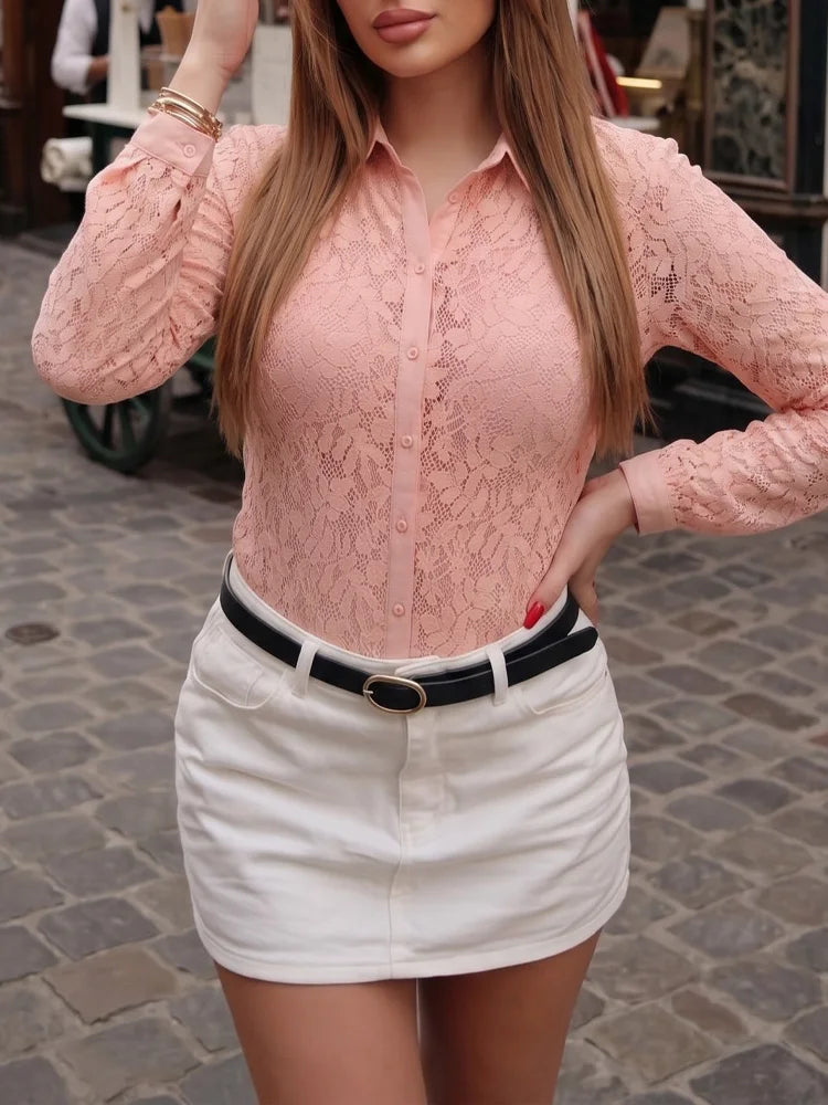 HH Damen Sexy Spitzenbluse mit Blumenmuster, Einreihig, Langarm, Reverskragen, Sommer-Neuheit, Urlaubs-Strand-Freizeitoberteil
