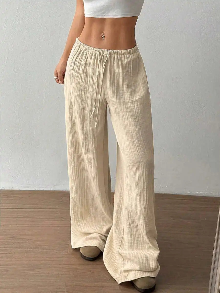 Einfarbige Damen-Freizeithose für Frühling/Herbst mit Kordelzug und geradem Bein, bequem, atmungsaktiv, für Lounge, elegante Reisen, Urlaub, Strand, Freizeithose